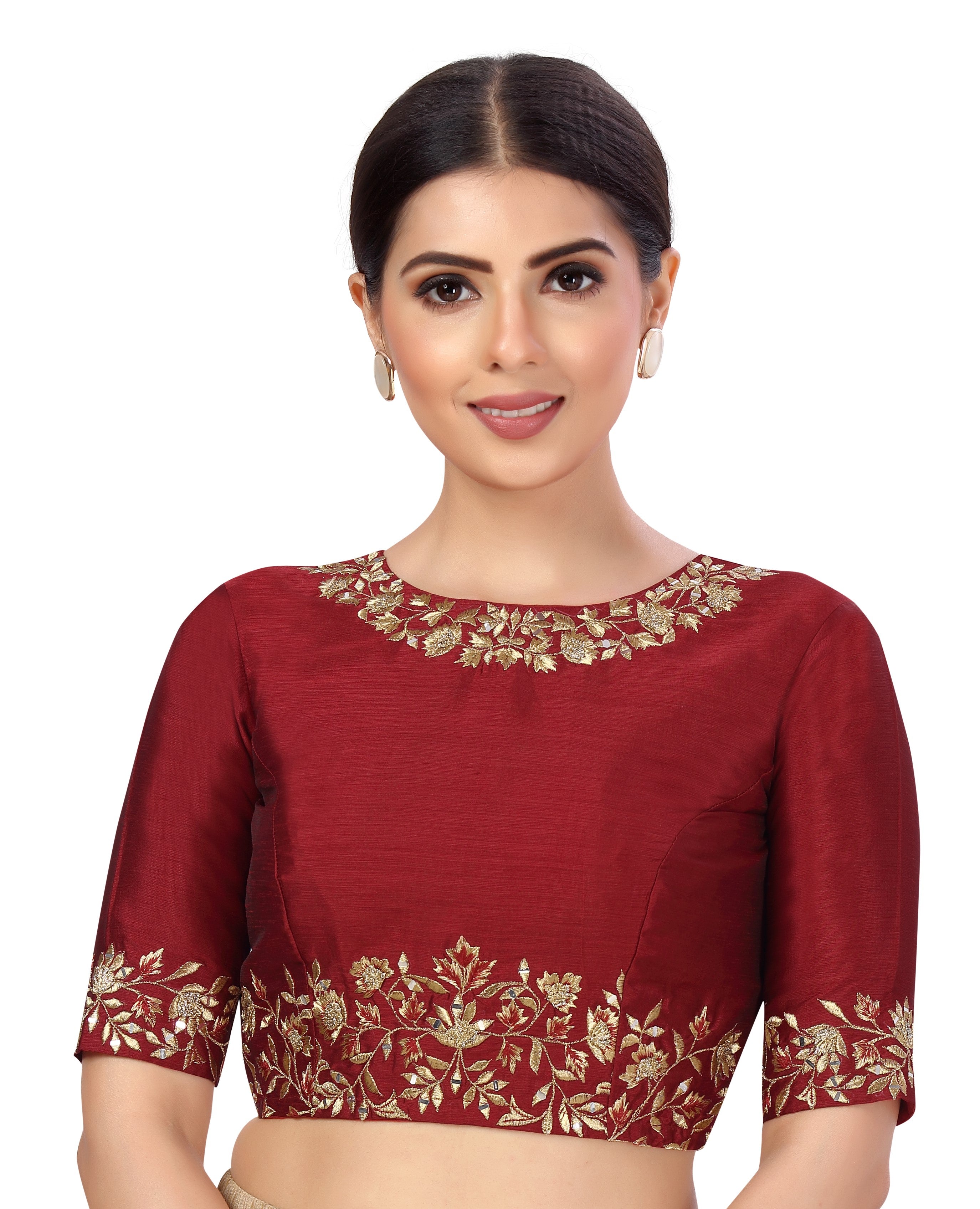 Women's Readymade Art Silk Embroidered Saree Blouse With Elbow Length Sleeves - Shringaar