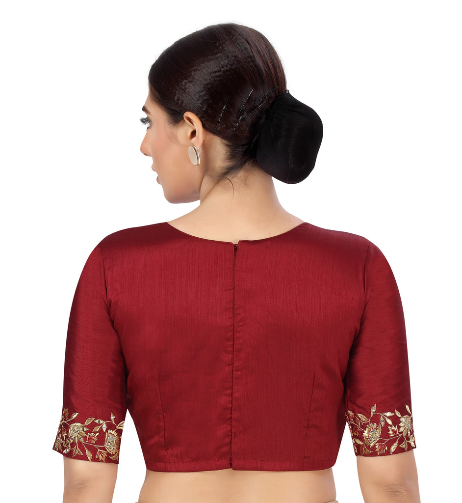 Women's Readymade Art Silk Embroidered Saree Blouse With Elbow Length Sleeves