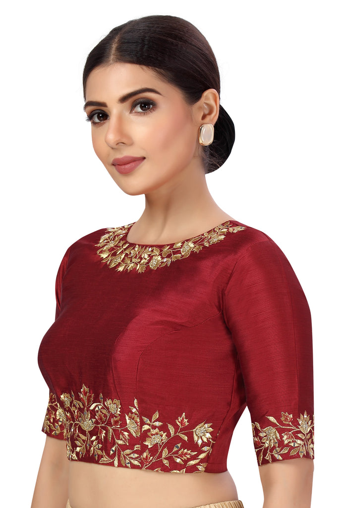 Women's Readymade Art Silk Embroidered Saree Blouse With Elbow Length Sleeves