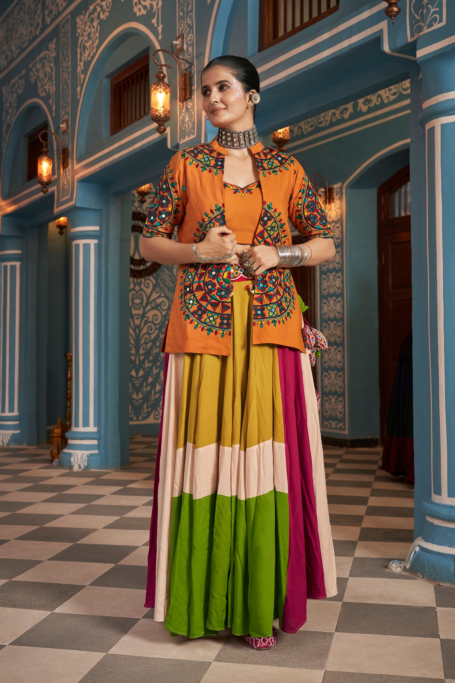 Women's Multi Color Viscose Rayon Embroidered Lehenga Set - Shubhkala