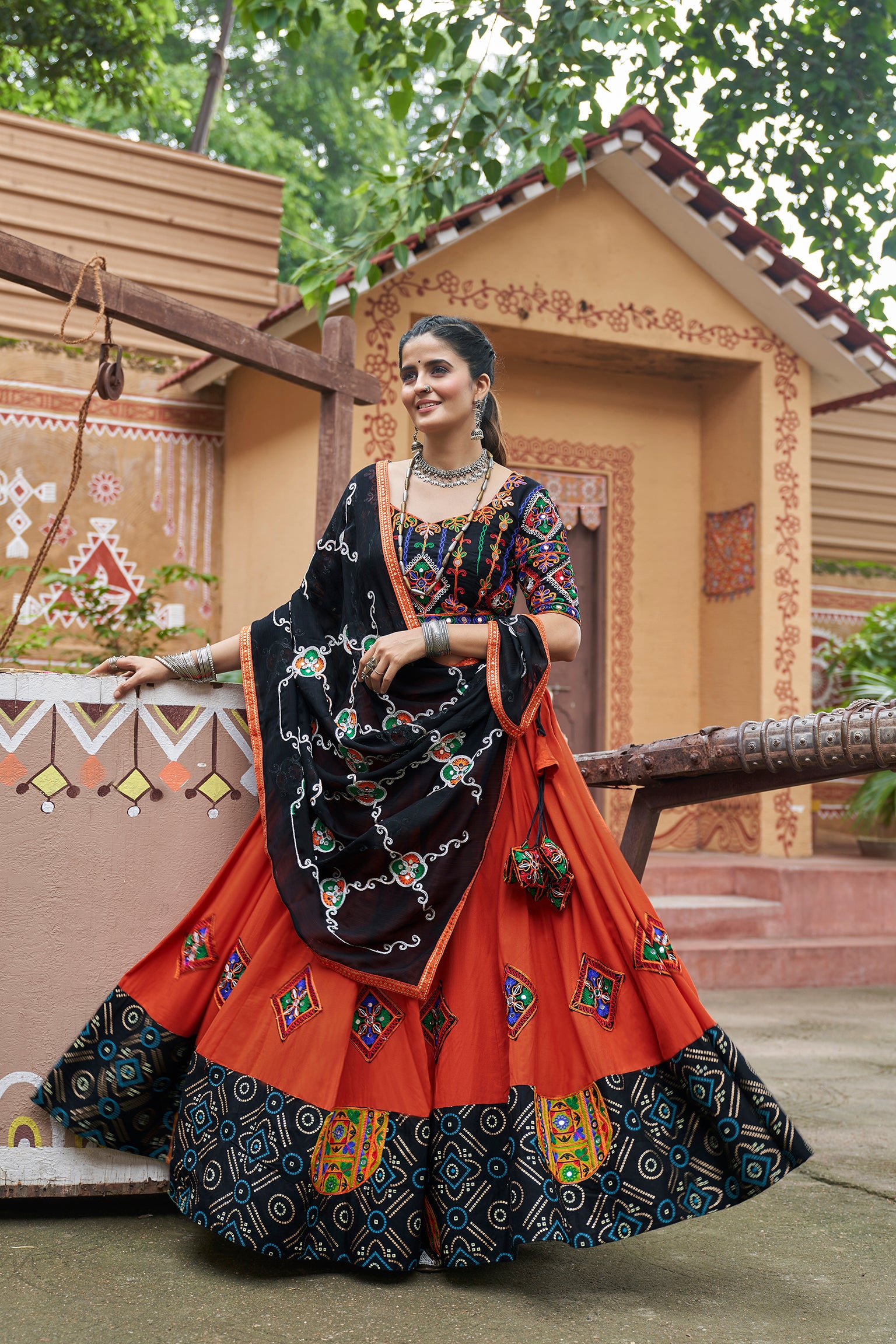 Women's Orange Viscose Rayon Embroidered Lehenga Set - Shubhkala