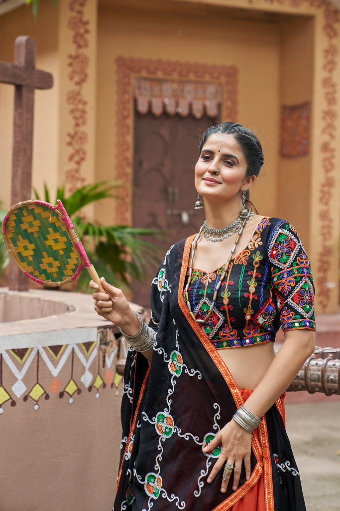 Women's Orange Viscose Rayon Embroidered Lehenga Set