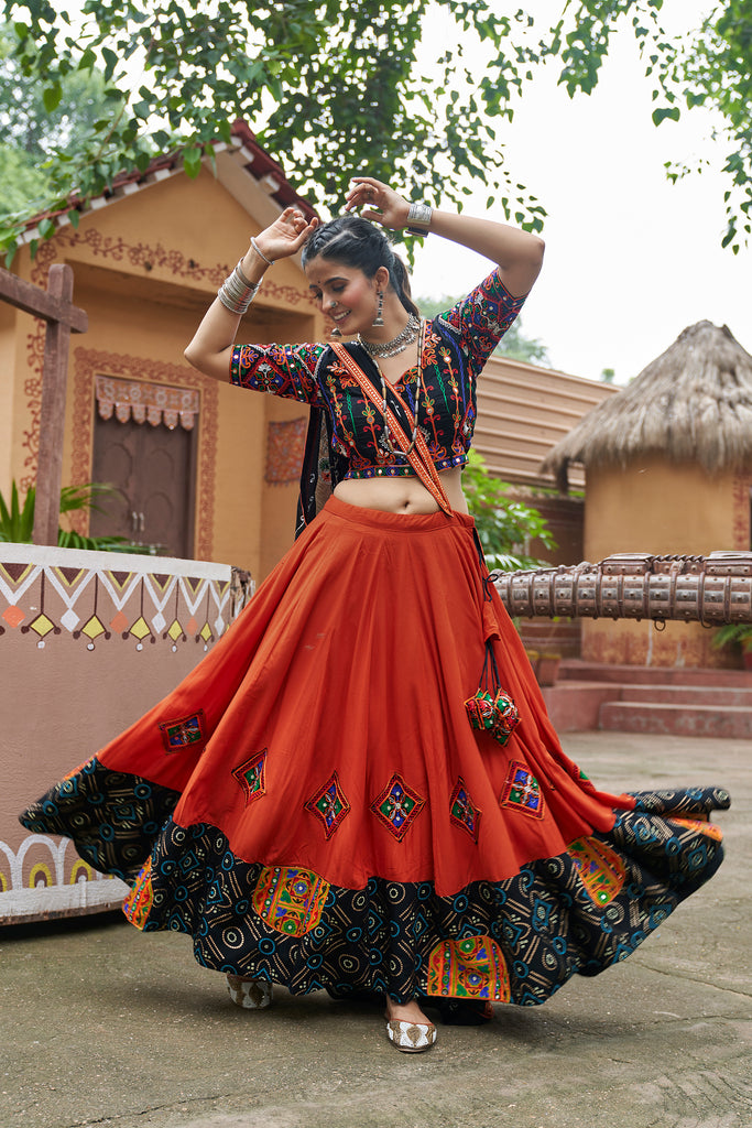 Women's Orange Viscose Rayon Embroidered Lehenga Set