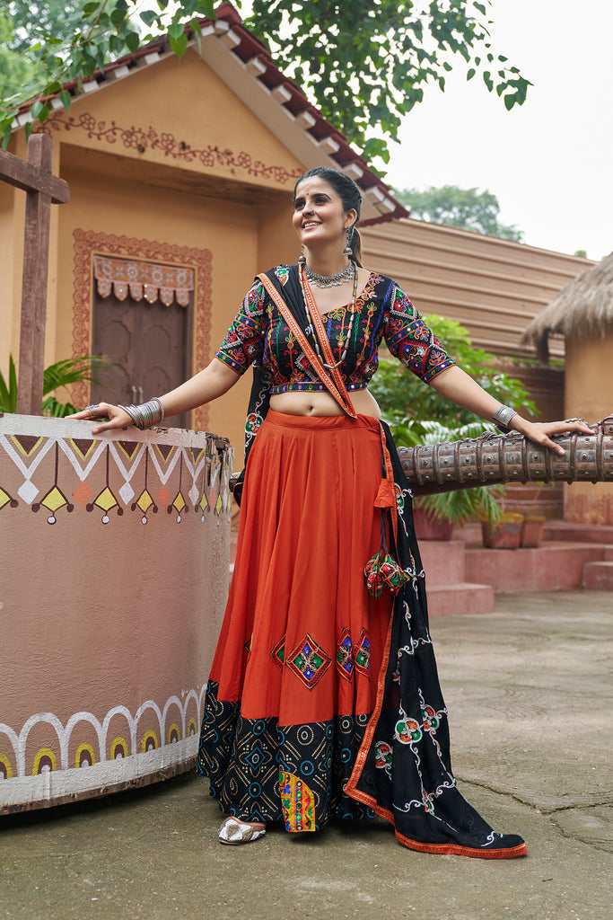 Women's Orange Viscose Rayon Embroidered Lehenga Set