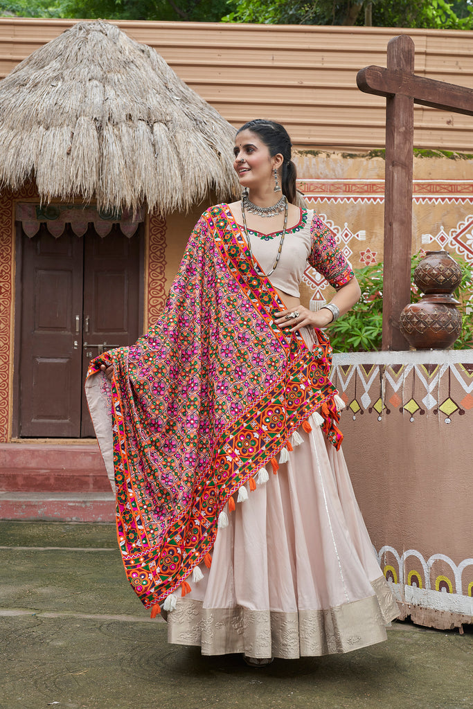 Women's Beige Viscose Rayon Lehenga Set