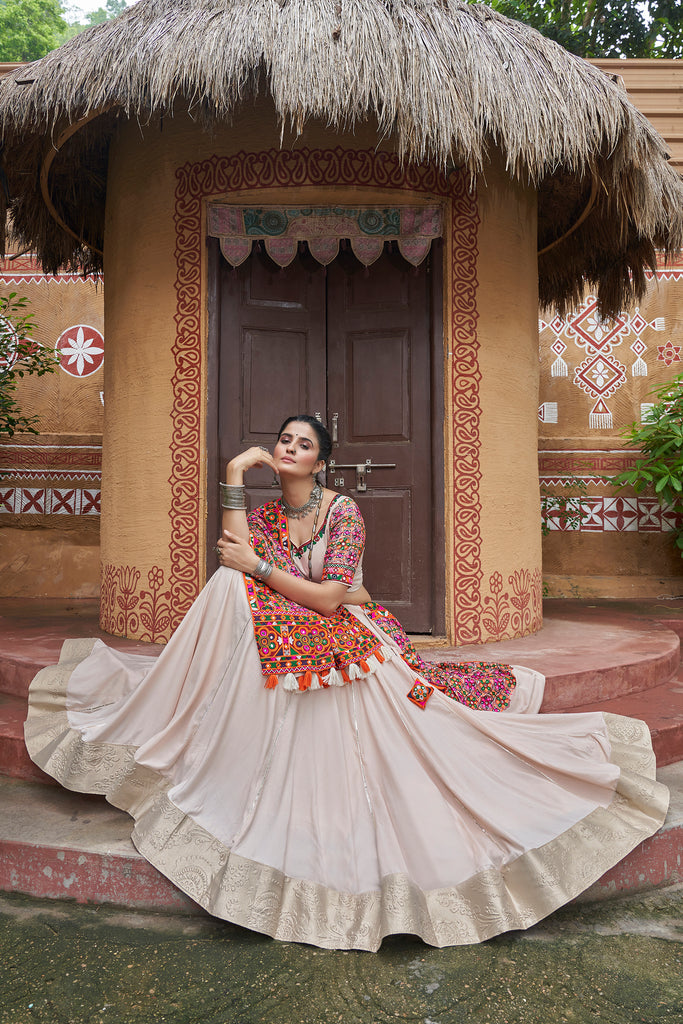 Women's Beige Viscose Rayon Lehenga Set