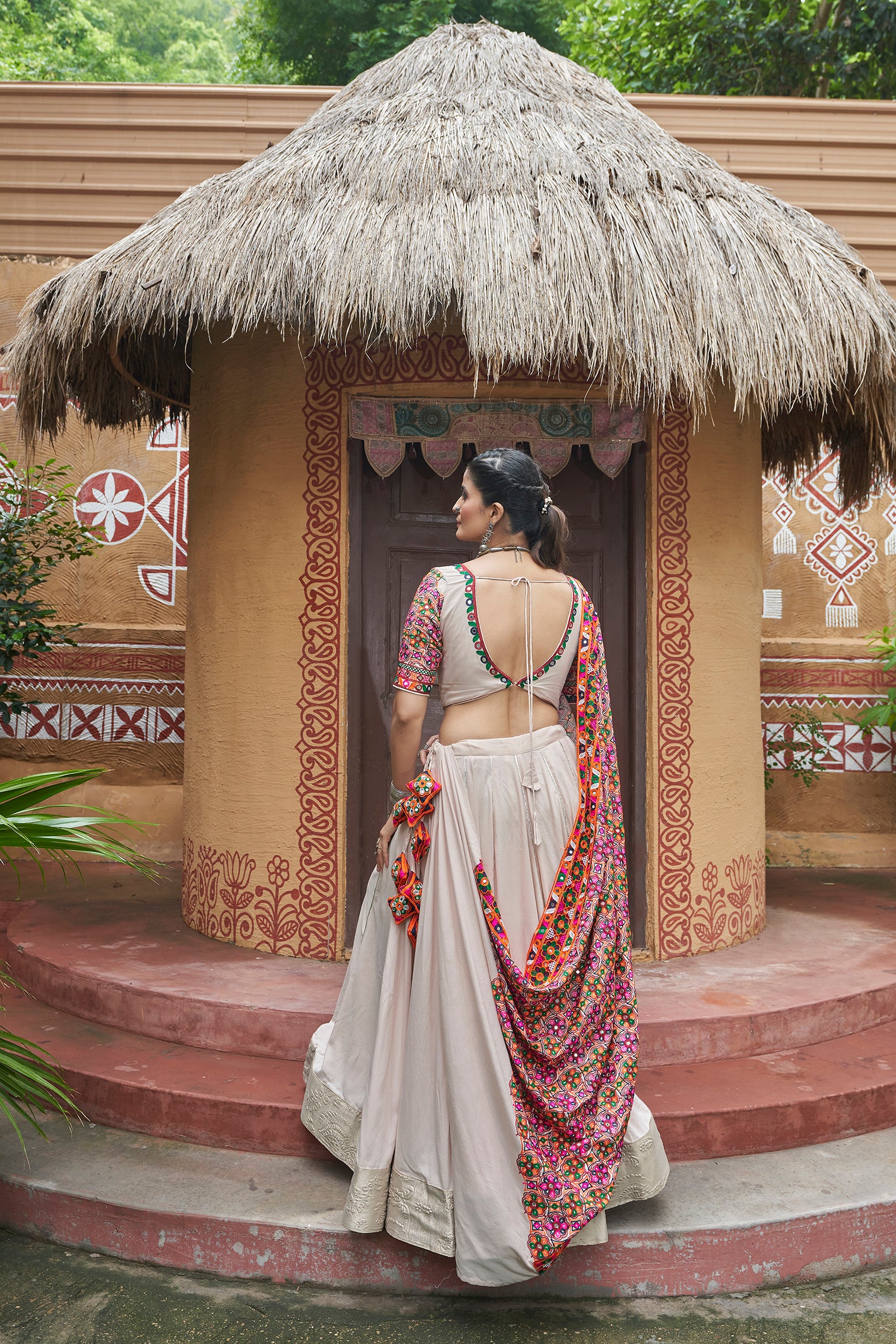 Women's Beige Viscose Rayon Lehenga Set - Shubhkala