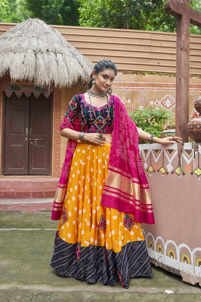 Women's Yellow Maslin Cotton Print With Embroidered Lehenga Set