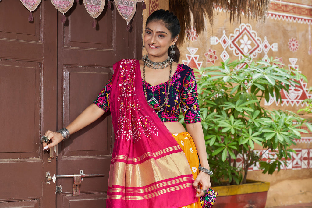 Women's Yellow Maslin Cotton Print With Embroidered Lehenga Set