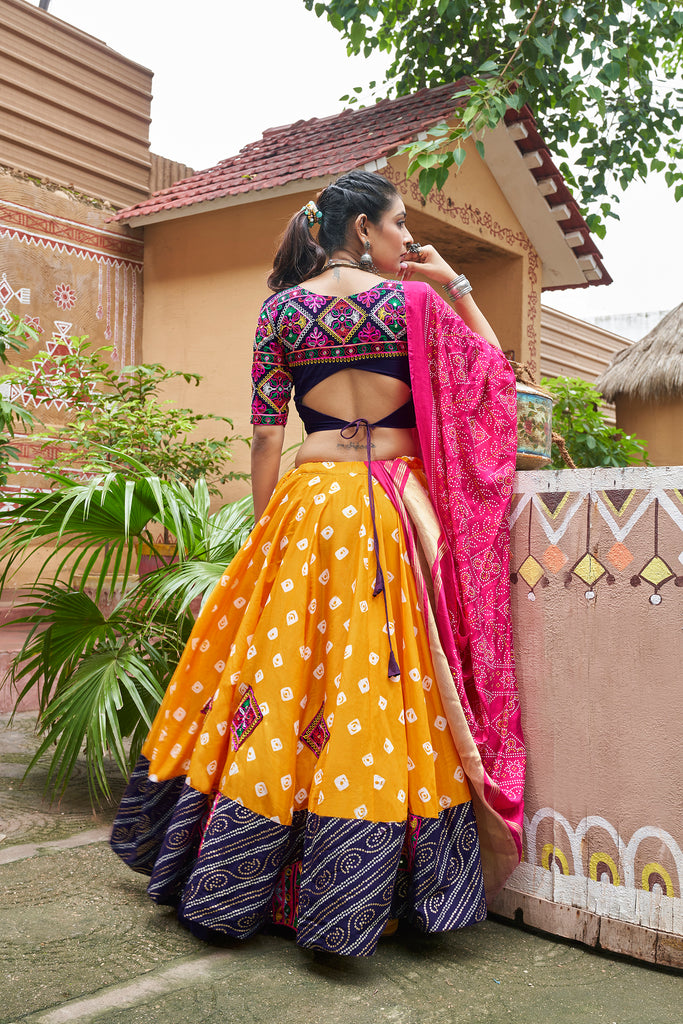 Women's Yellow Maslin Cotton Print With Embroidered Lehenga Set