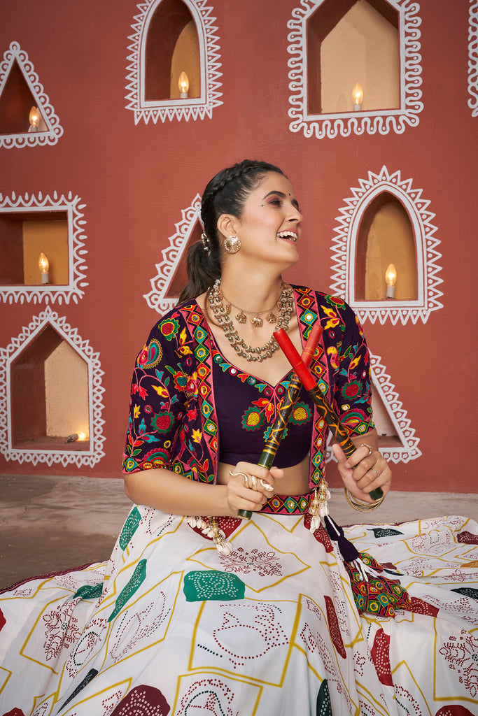 Women's White Poly Maska Silk Embroidered Lehenga Set