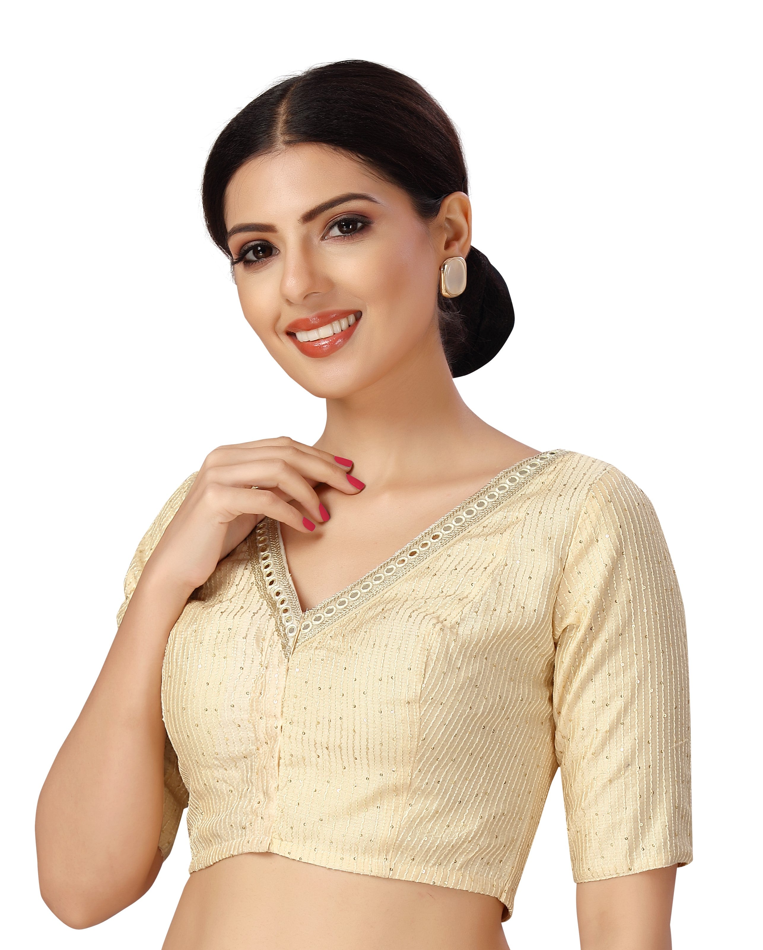 Women's Readymade Polyester Elbow Length Sleeves Saree Blouse With Mirror Work - Shringaar