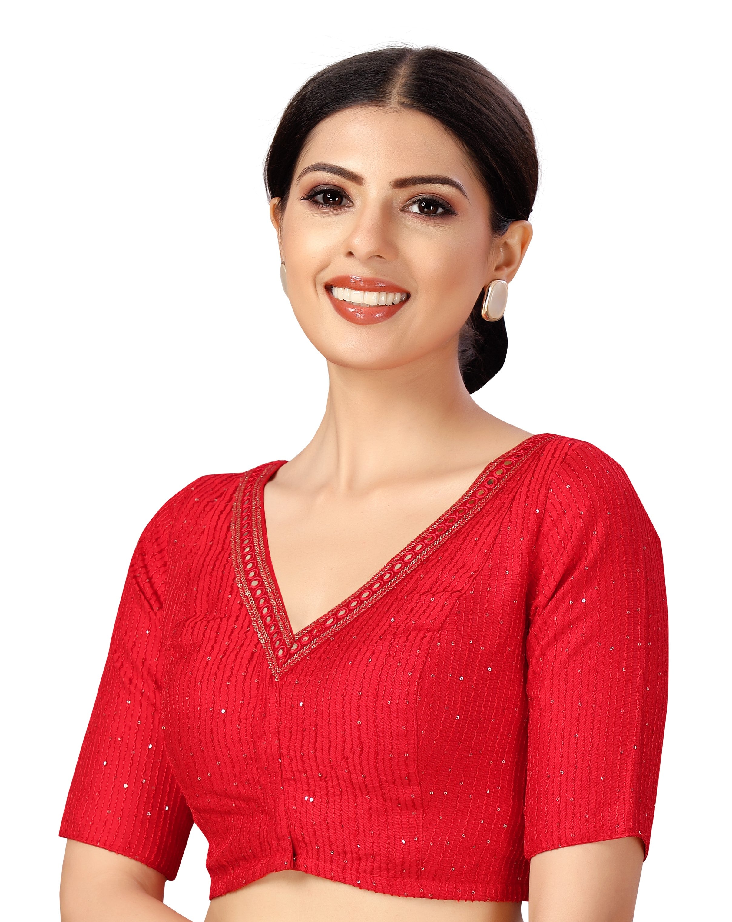 Women's Readymade Polyester Elbow Length Sleeves Saree Blouse With Mirror Work - Shringaar