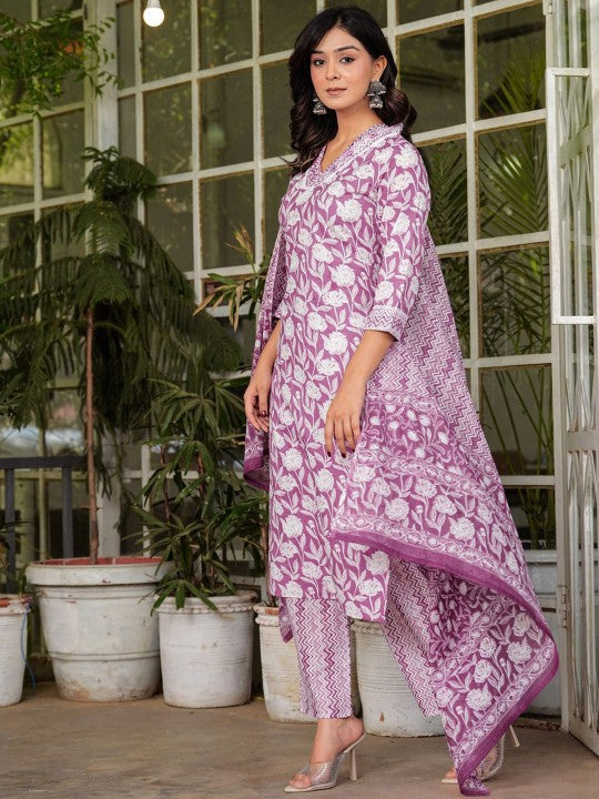 Women's Floral Printed V-Neck Cotton Straight Kurta Trousers & With Dupatta