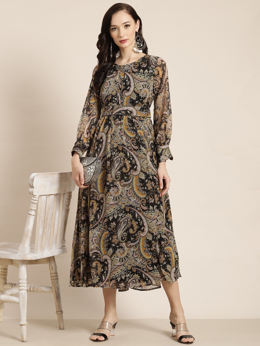 Women's Black Alphin Chiffon Flared Printed Dress With Tie-up Blet