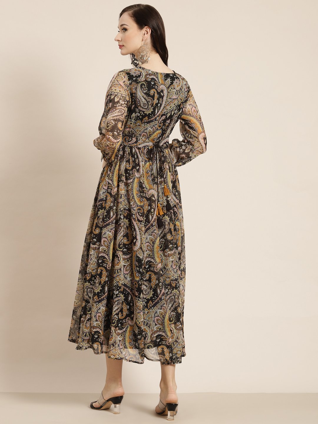 Women's Black Alphin Chiffon Flared Printed Dress With Tie-up Blet