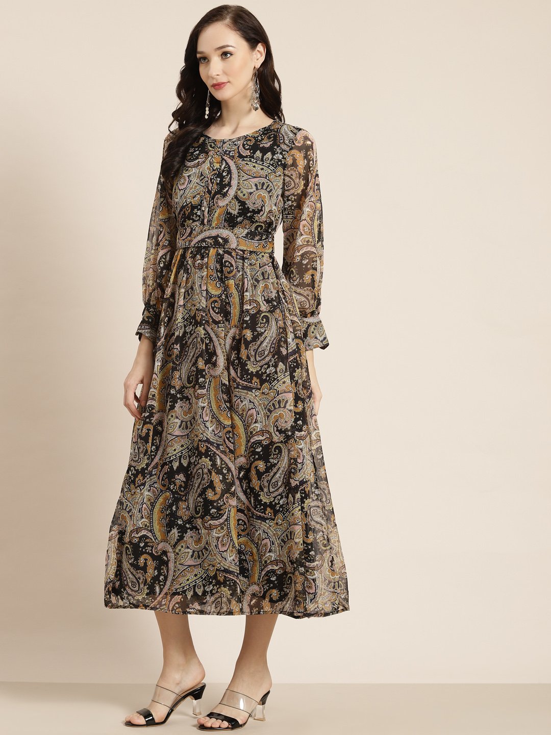 Women's Black Alphin Chiffon Flared Printed Dress With Tie-up Blet