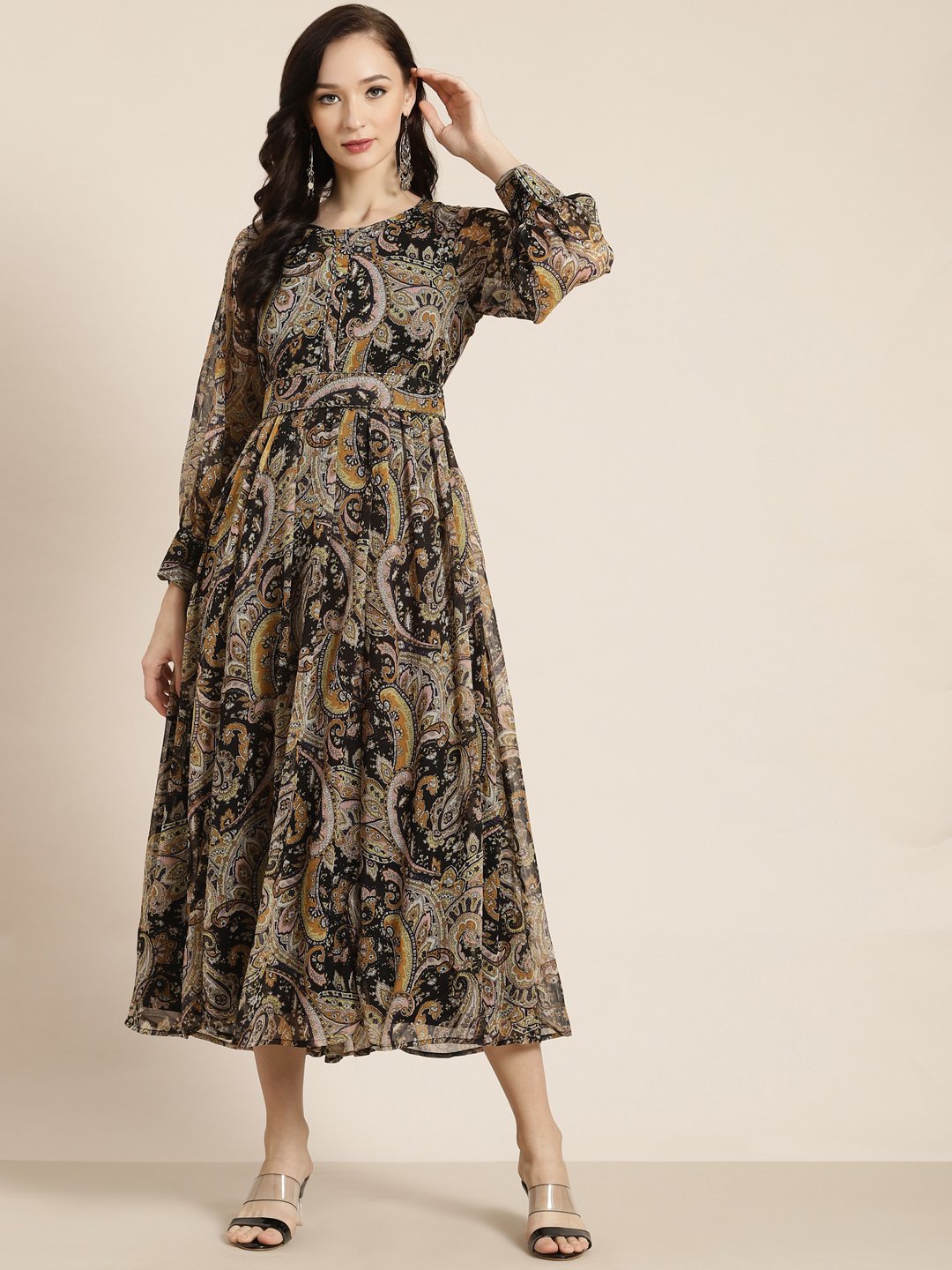 Women's Black Alphin Chiffon Flared Printed Dress With Tie-up Blet