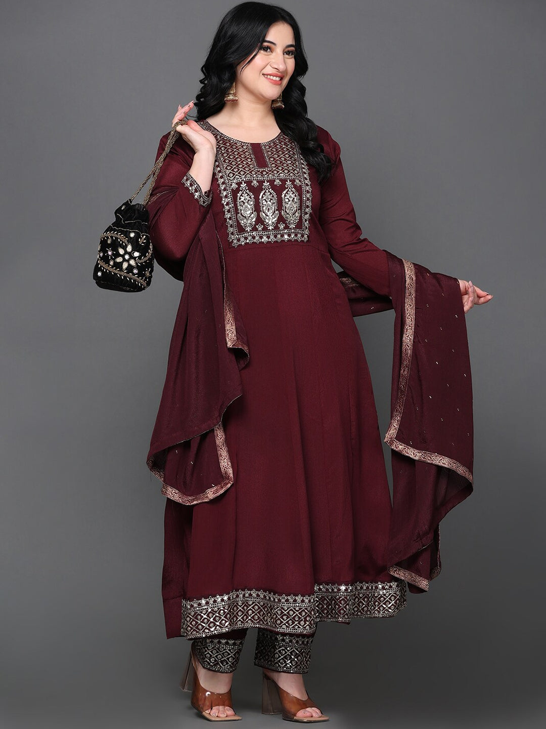 Women's Embroidered Sequined Anarkali Pure Silk Kurta With Trousers & Dupatta - Noz2Toz USA