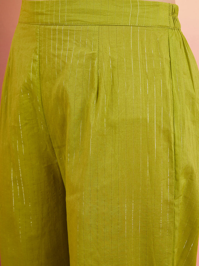 Women's Lime Green Lurex Strappy Straight Kurta Set W Organza Dupatta