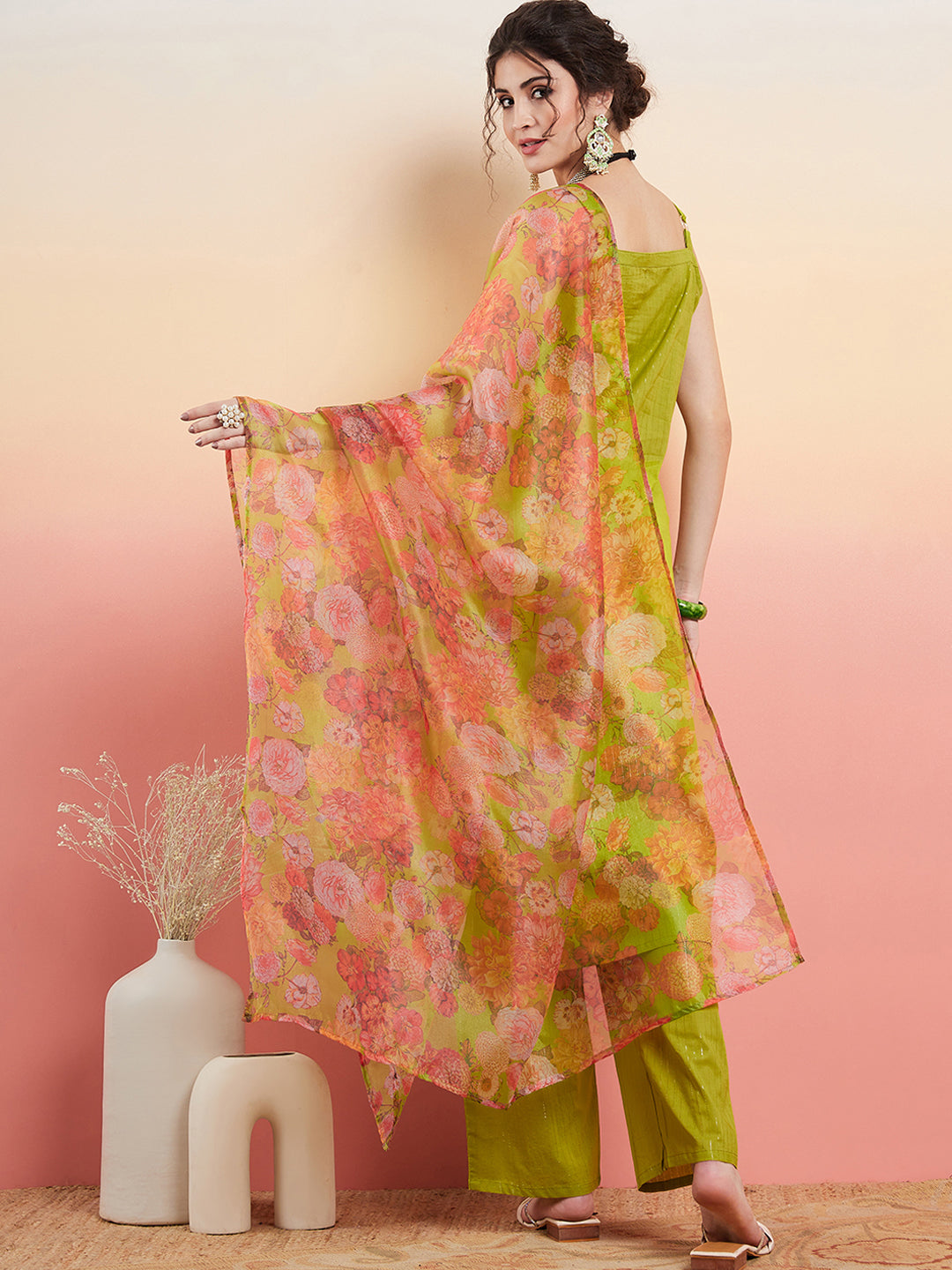 Women's Lime Green Lurex Strappy Straight Kurta Set W Organza Dupatta - InWeave