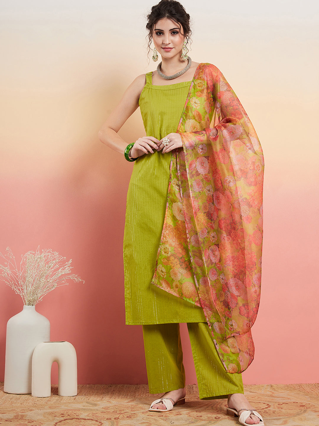 Women's Lime Green Lurex Strappy Straight Kurta Set W Organza Dupatta - InWeave