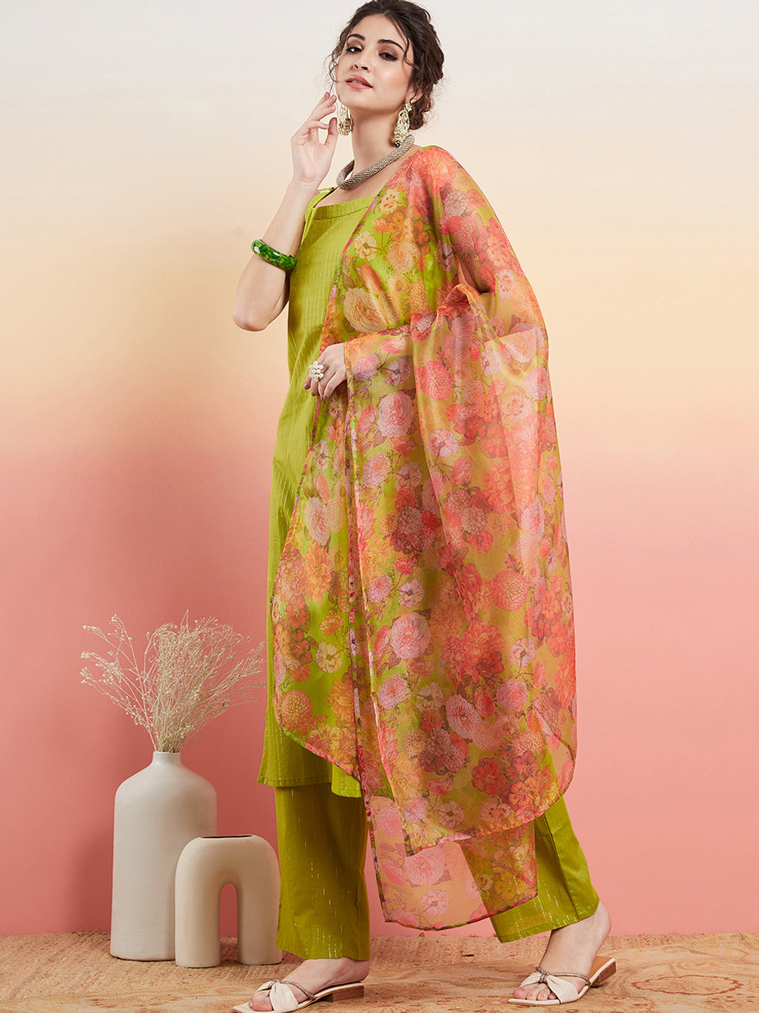 Women's Lime Green Lurex Strappy Straight Kurta Set W Organza Dupatta - InWeave