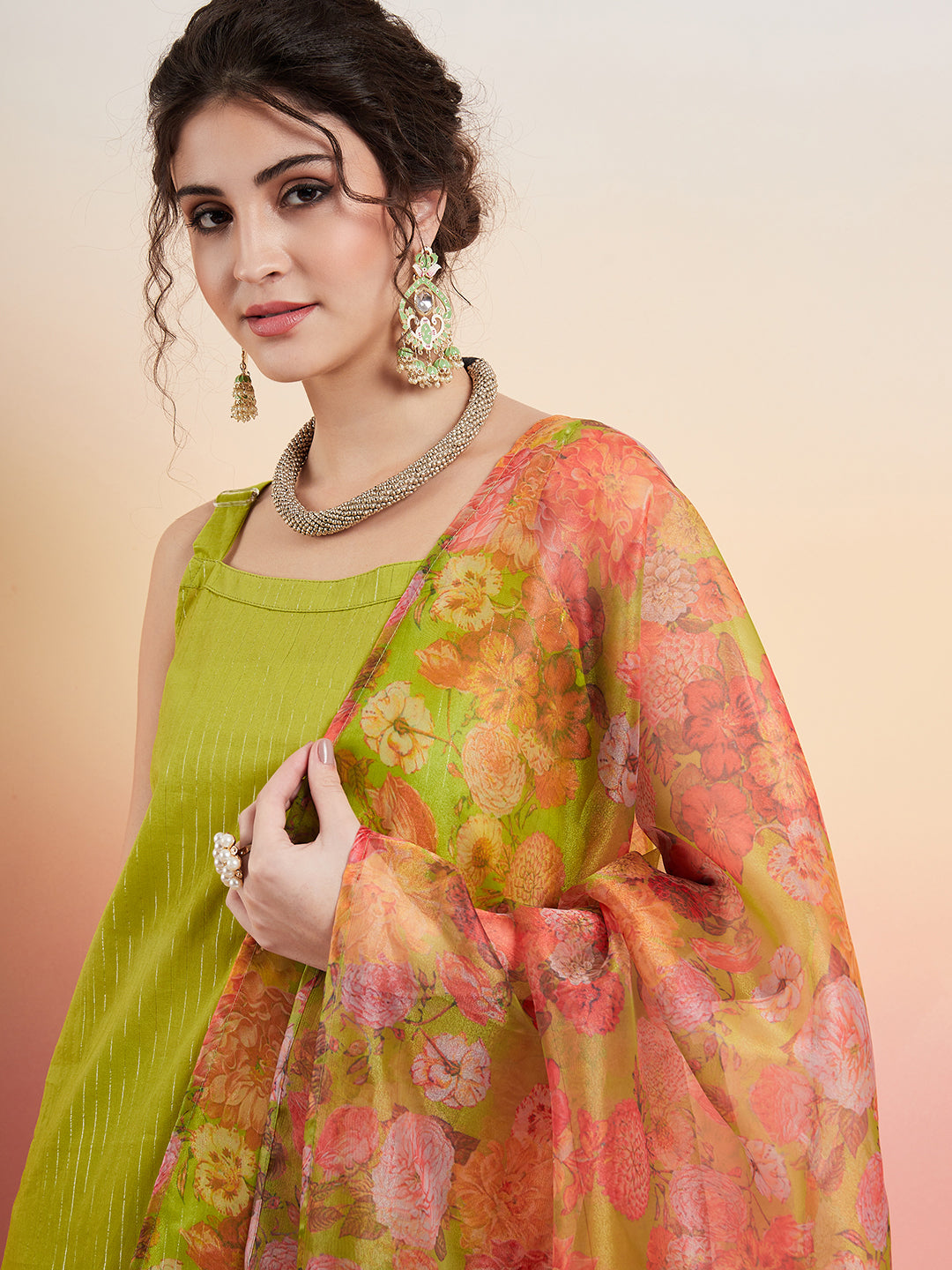 Women's Lime Green Lurex Strappy Straight Kurta Set W Organza Dupatta - InWeave