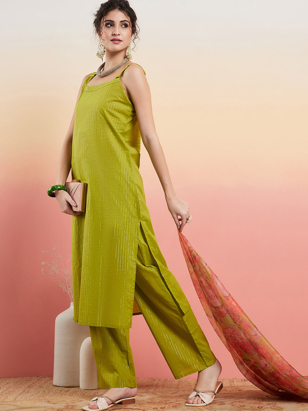 Women's Lime Green Lurex Strappy Straight Kurta Set W Organza Dupatta - InWeave