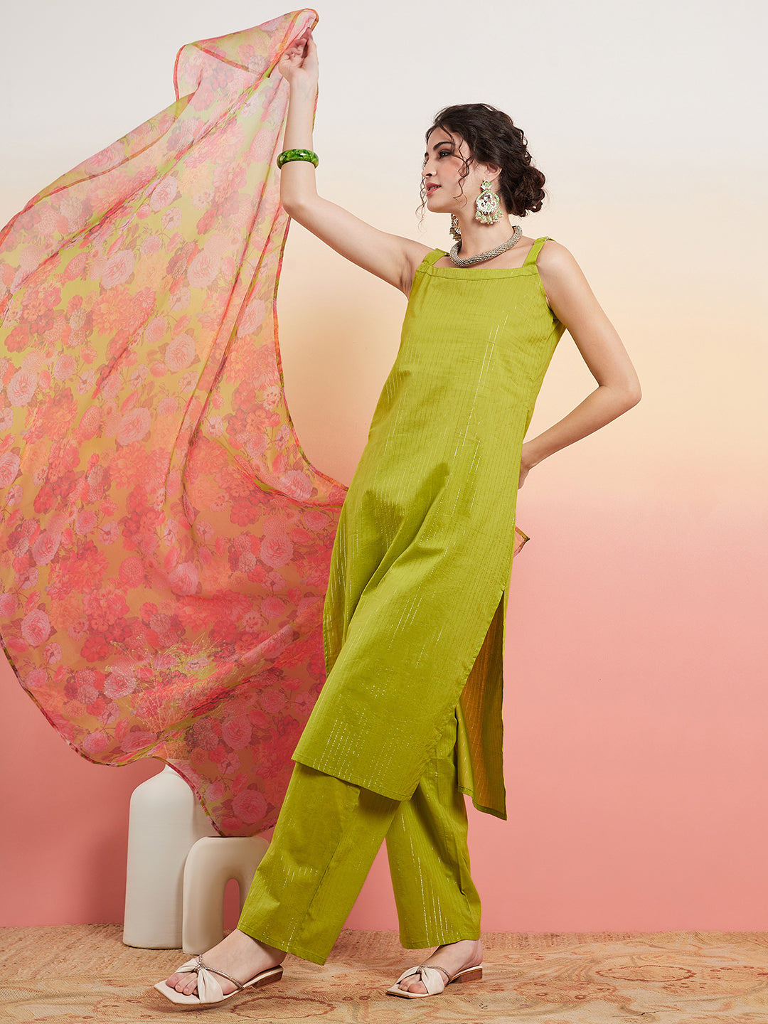 Women's Lime Green Lurex Strappy Straight Kurta Set W Organza Dupatta - InWeave