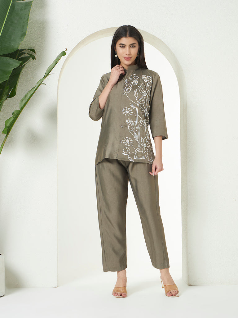 Women's Grey  Mulberry Emroidery Work Co-Orde Set