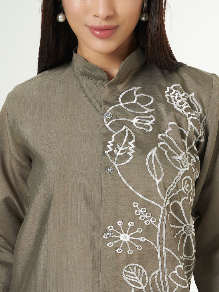 Women's Grey  Mulberry Emroidery Work Co-Orde Set