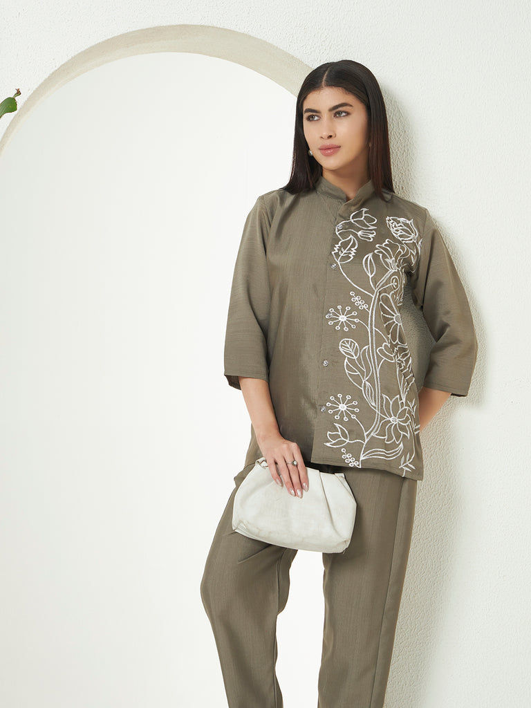 Women's Grey  Mulberry Emroidery Work Co-Orde Set