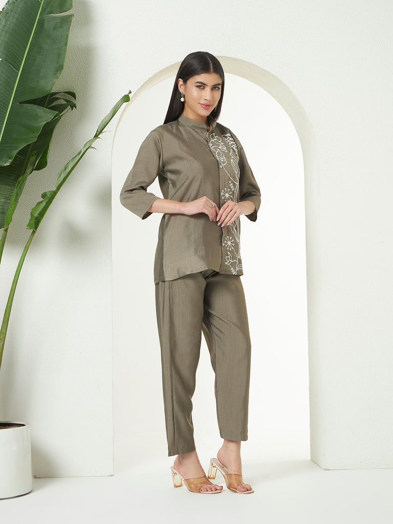 Women's Grey  Mulberry Emroidery Work Co-Orde Set