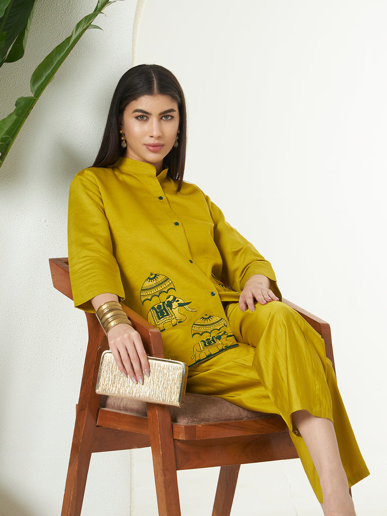Women's Yellow  Mulberry Emroidery Work Co-Orde Set