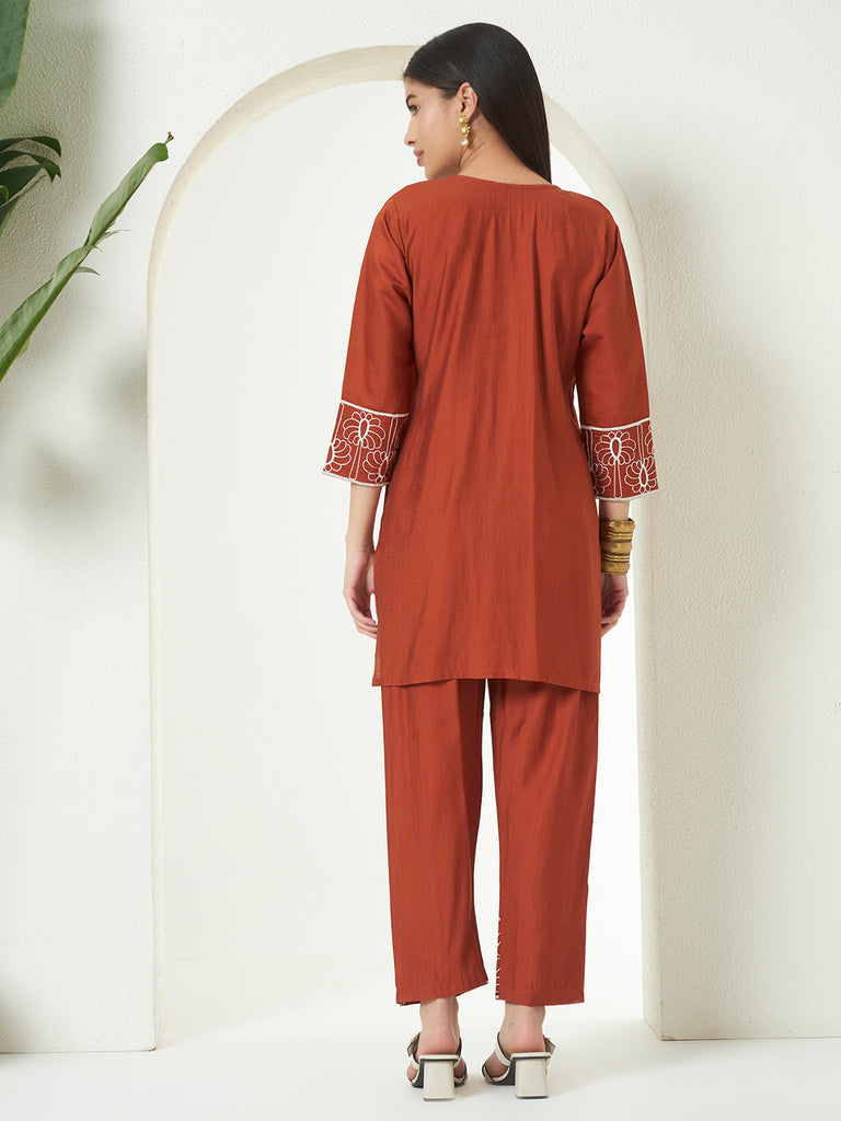 Women's Orangle Mull Vetigun Emroidery Work Co-Orde Set