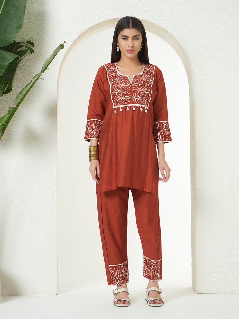 Women's Orangle Mull Vetigun Emroidery Work Co-Orde Set