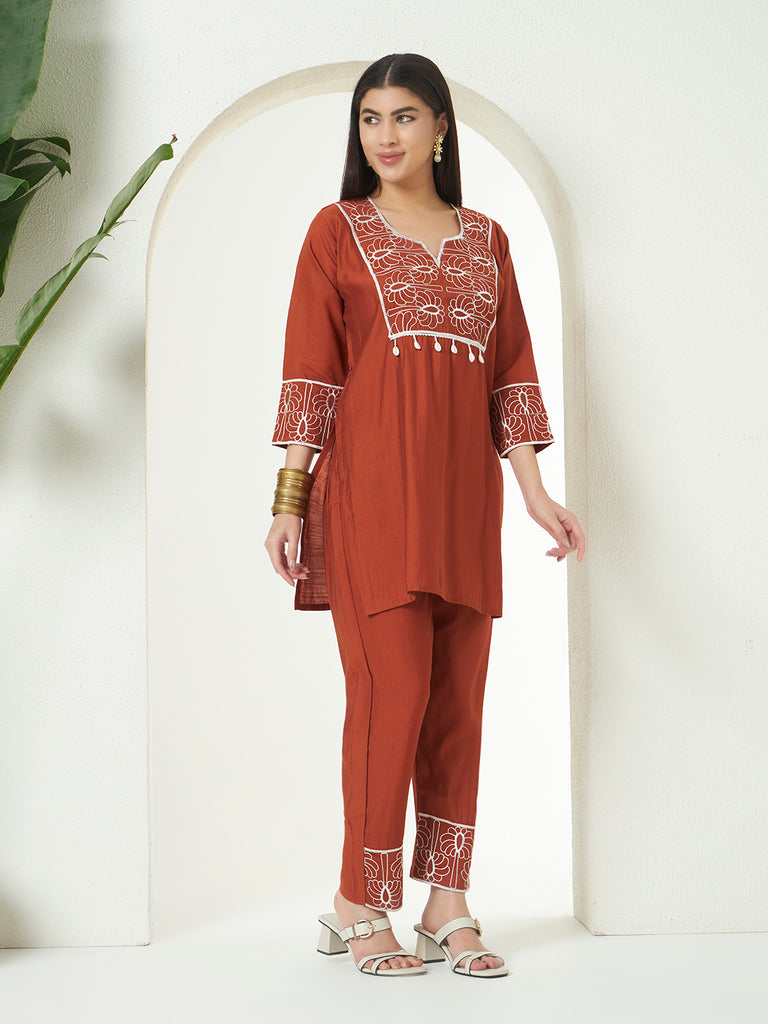 Women's Orangle Mull Vetigun Emroidery Work Co-Orde Set
