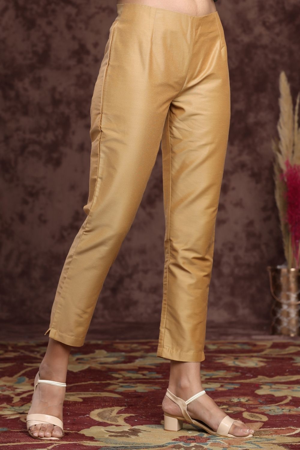 Women's Gold Poly Silk Solid Straight Pants - Final Clearance Sale