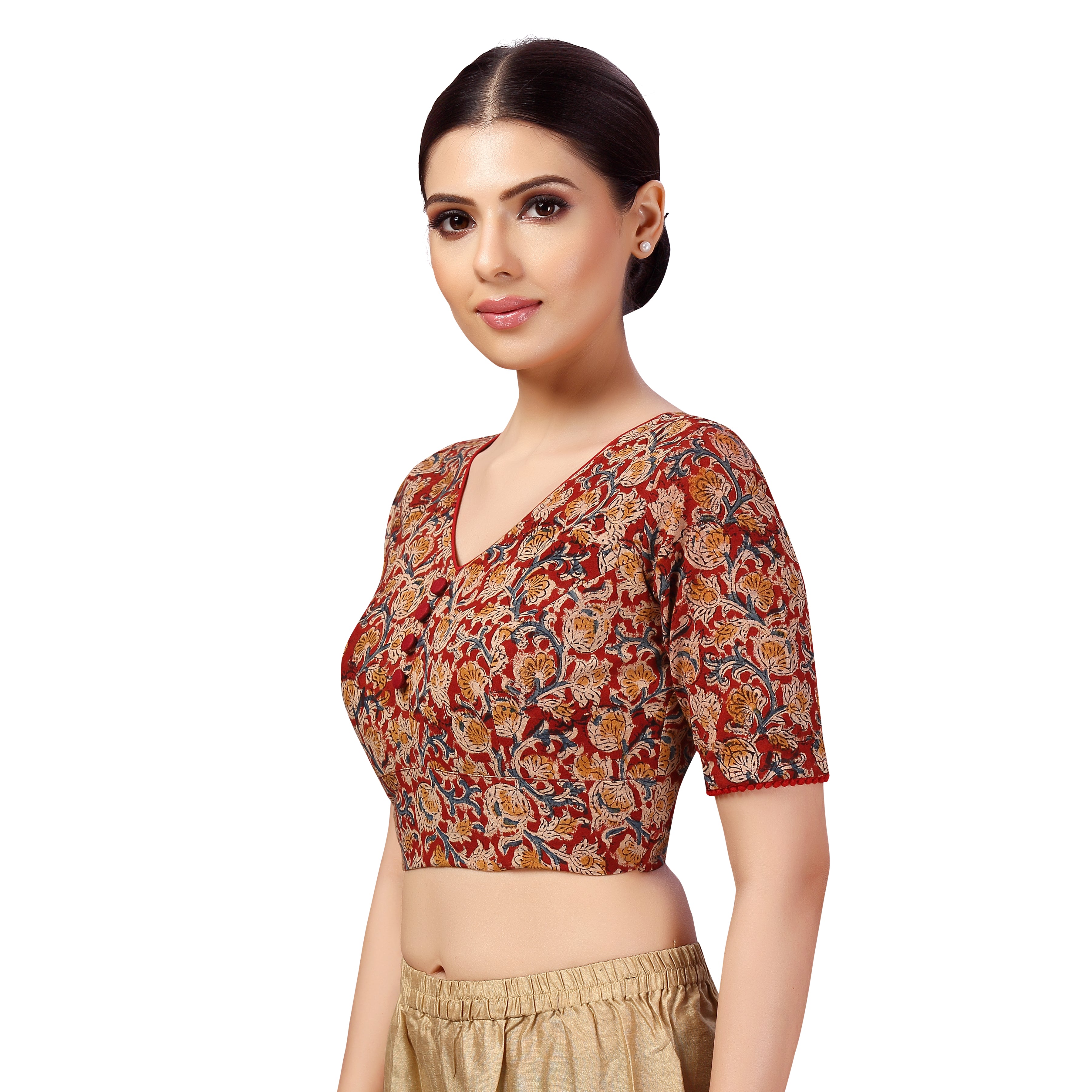 Women's Cotton Kalamkari Printed Readymade Saree Blouse With Elbow Length Sleeves - Shringaar