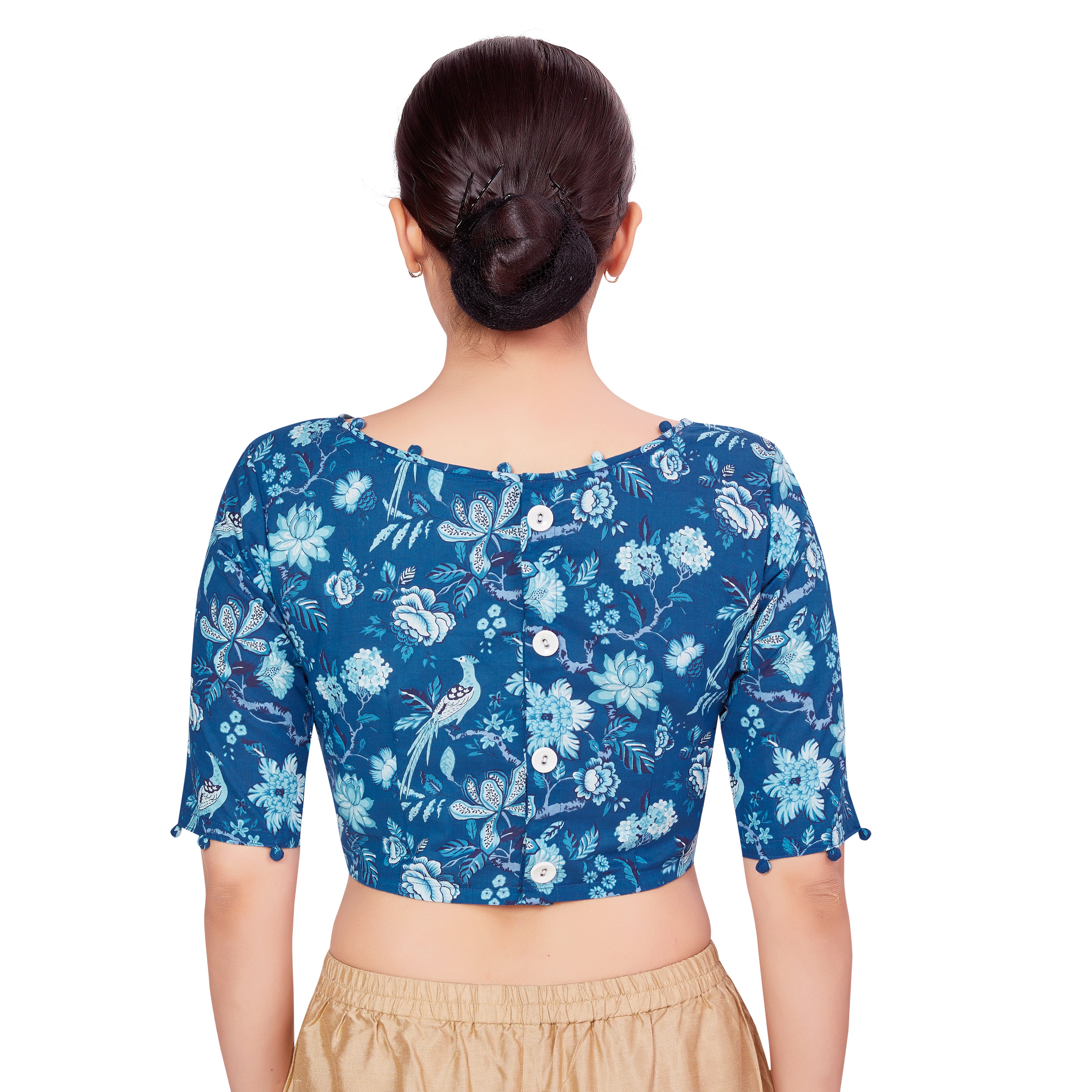 Women's Blue Cotton Block Printed Readymade Saree Blouse - Shringaar