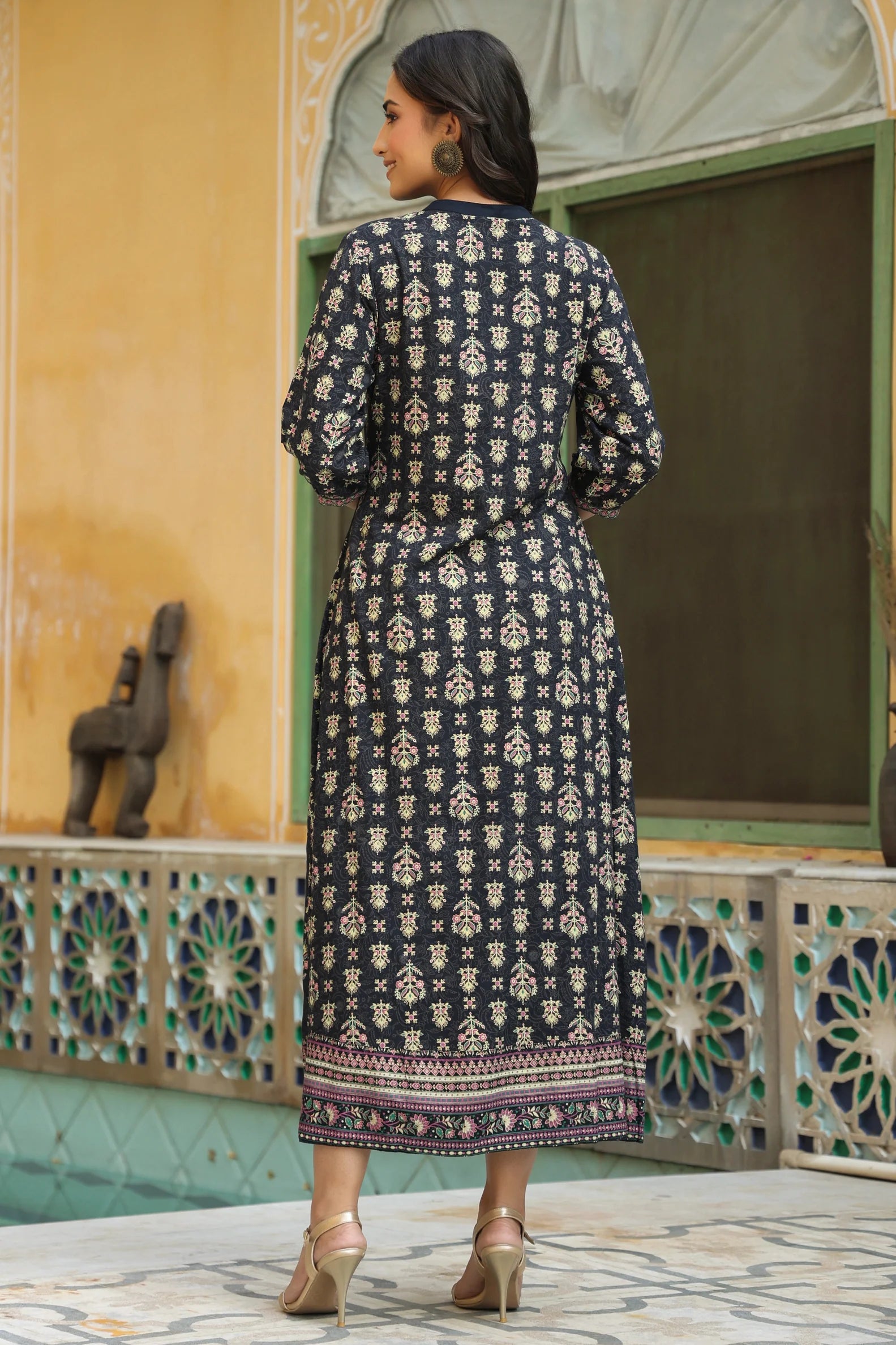 Women's Darkblue Rayon Printed A-line Dress - Juniper