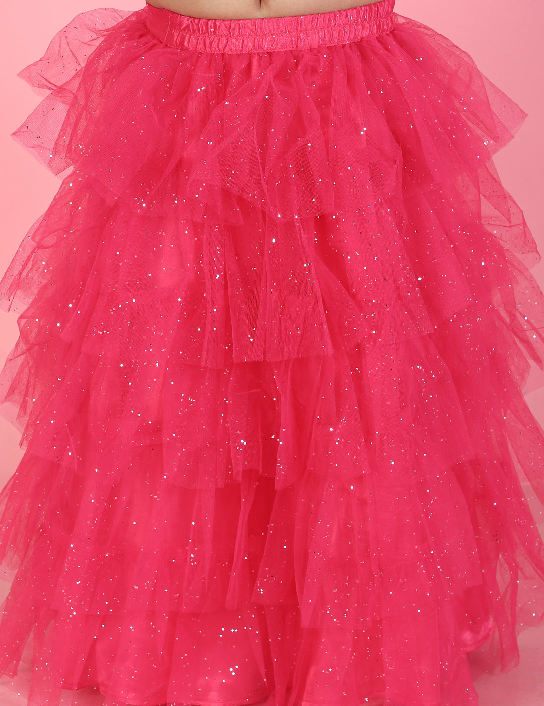 Girl's Sequins Top With Floral Corsage & Glitter Mesh Layered Skirt-Pink - Lil Peacock