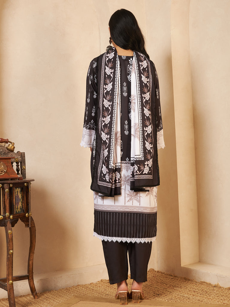 Women's Off Black Blend Silk Hand Work Kurta Set