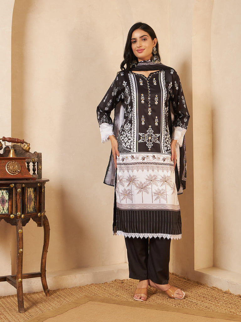Women's Off Black Blend Silk Hand Work Kurta Set