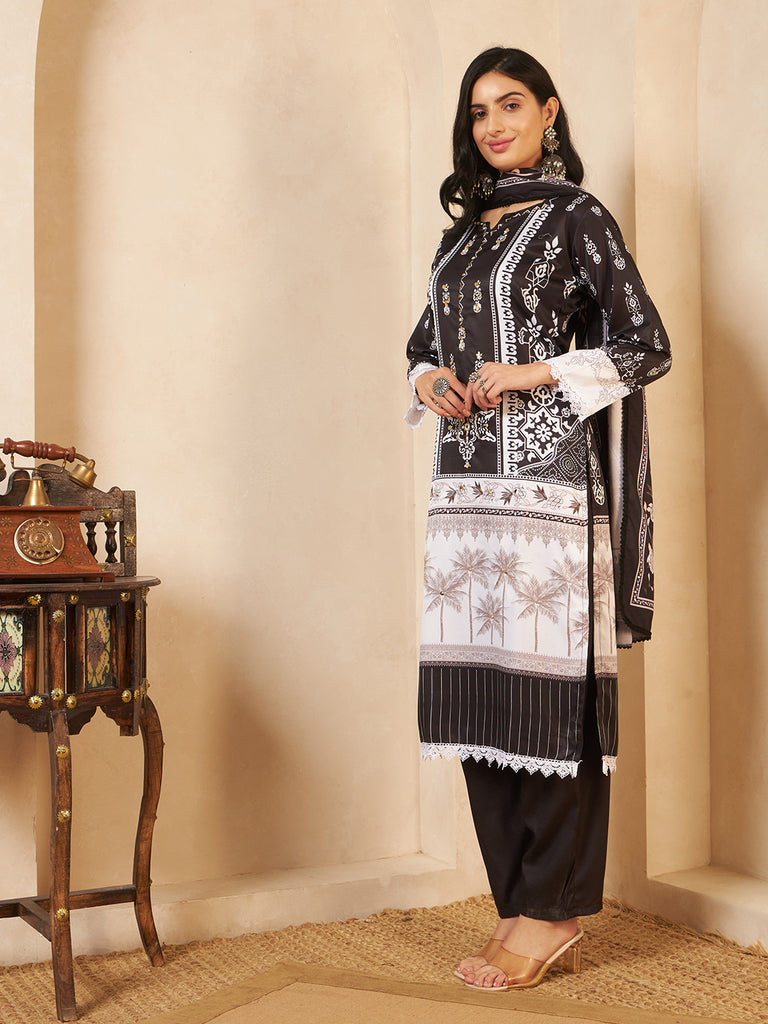Women's Off Black Blend Silk Hand Work Kurta Set