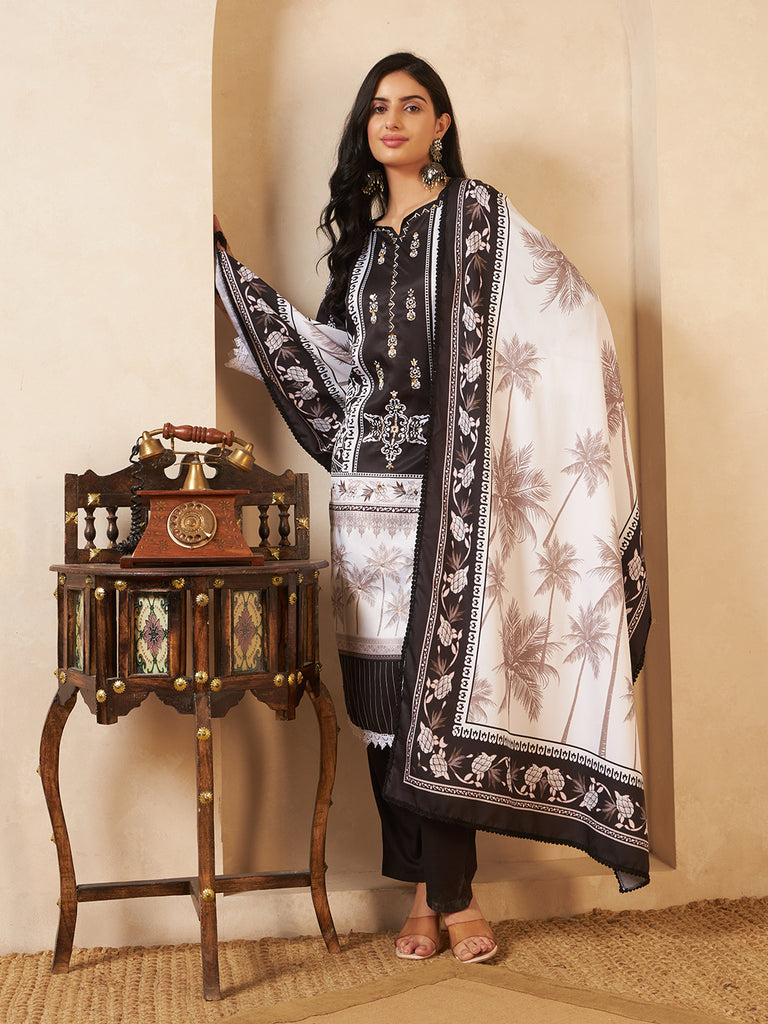 Women's Off Black Blend Silk Hand Work Kurta Set