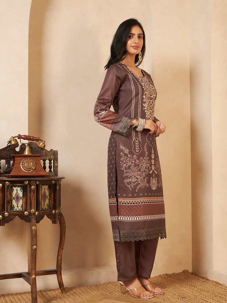 Women's Coffee Blend Silk Hand Work Kurta Set
