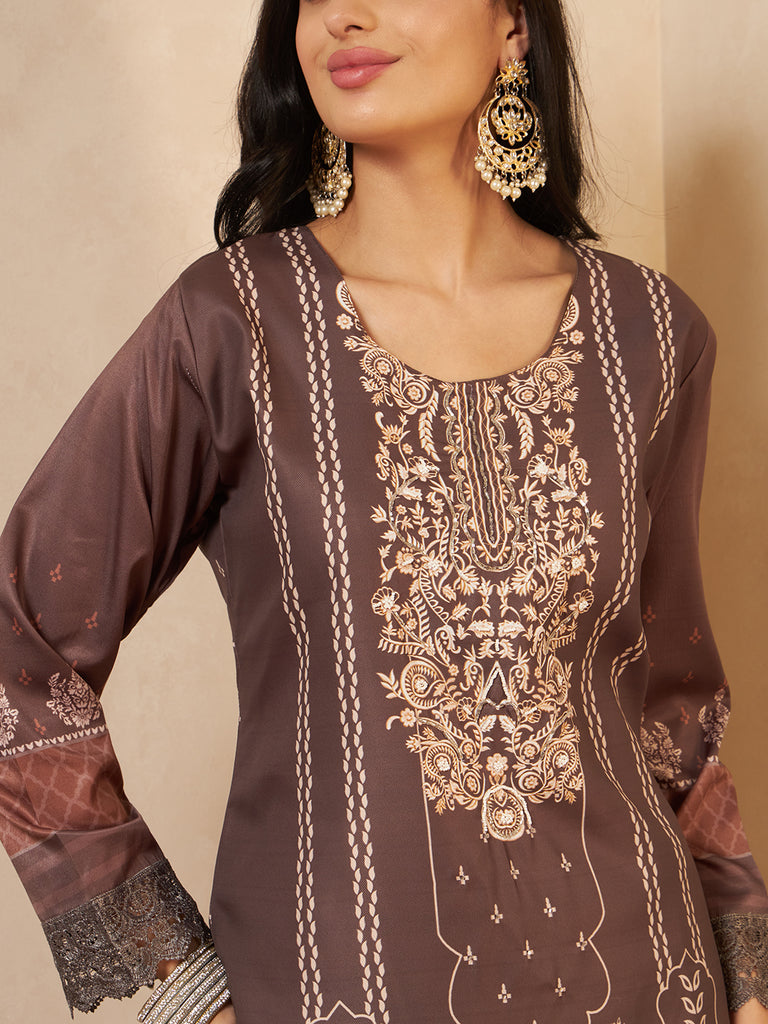 Women's Coffee Blend Silk Hand Work Kurta Set