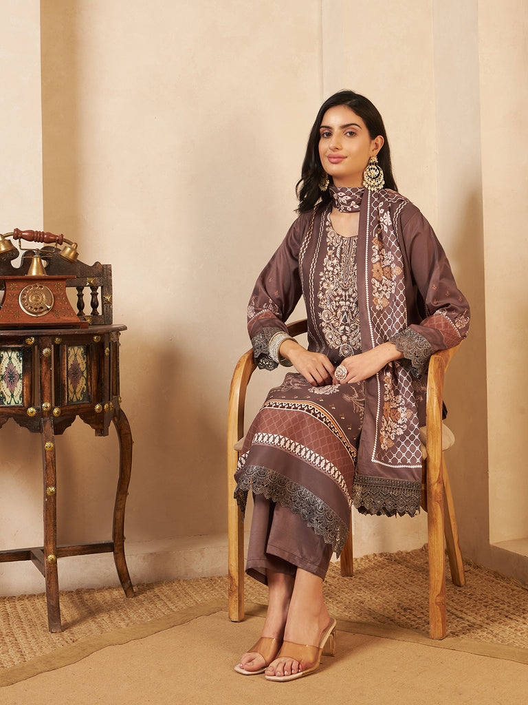 Women's Coffee Blend Silk Hand Work Kurta Set